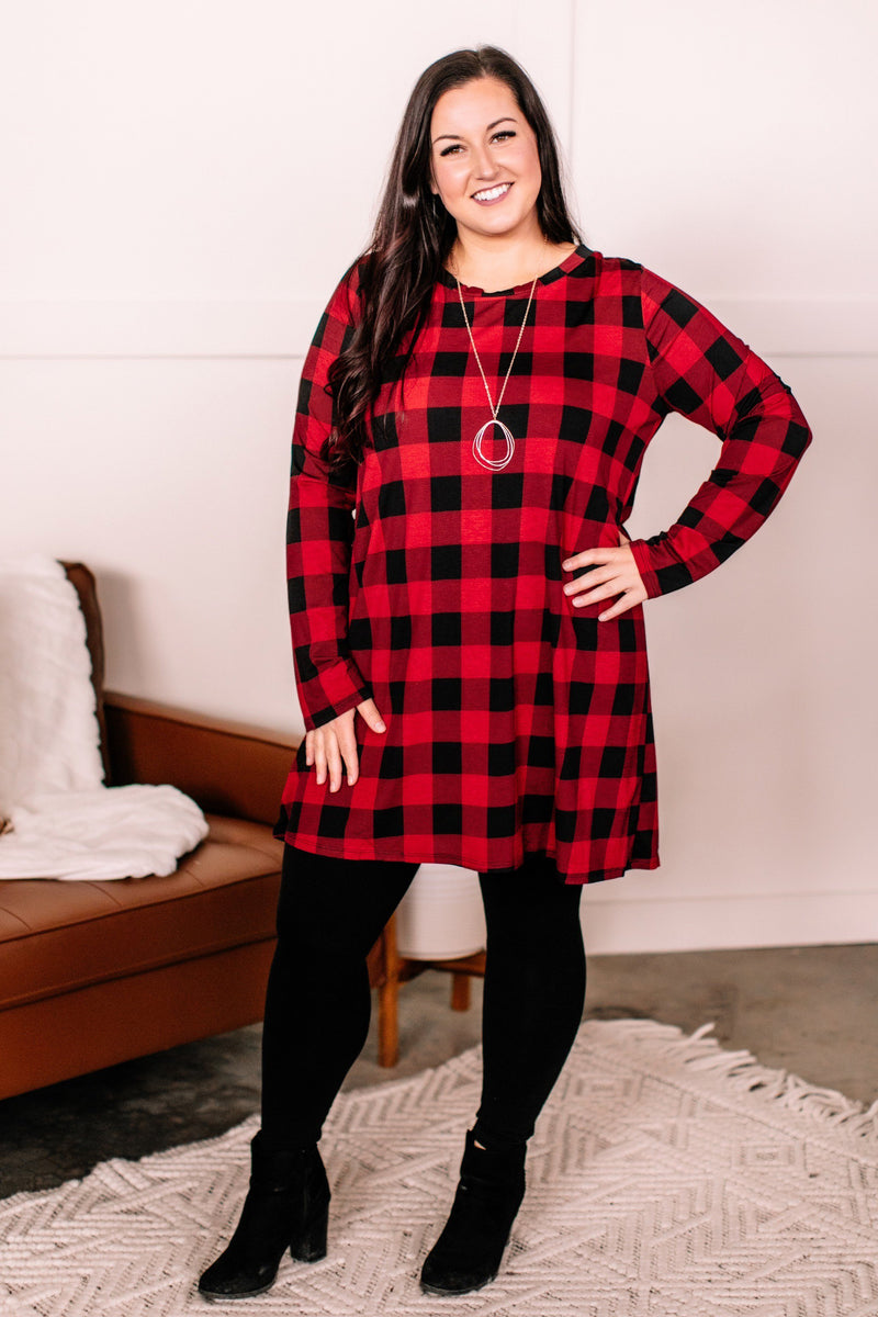 open lace back dress OUTLET - Check, Baby Check Long Sleeve Plaid Dress in Red + Black