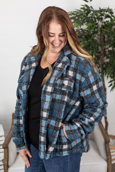 Fuzzy Sherpa Shacket - Blue Plaid