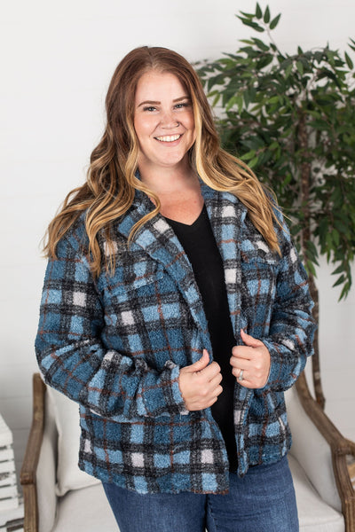 Fuzzy Sherpa Shacket - Blue Plaid