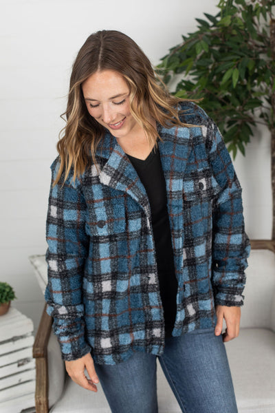 Fuzzy Sherpa Shacket - Blue Plaid