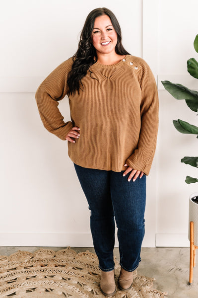 Closing In Button Shoulder Soft Sweater In Toffee