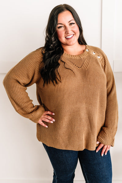 Closing In Button Shoulder Soft Sweater In Toffee