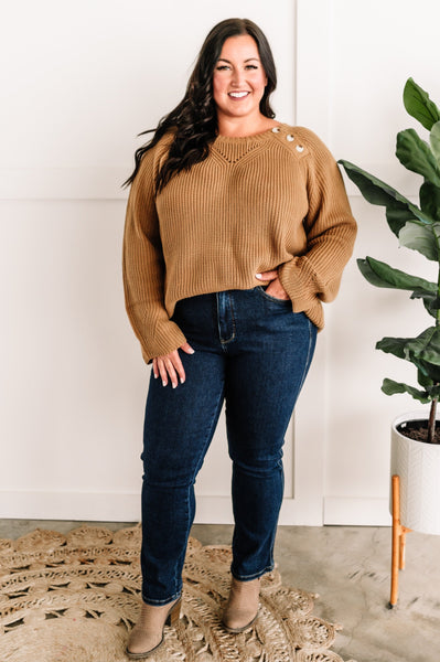 Closing In Button Shoulder Soft Sweater In Toffee