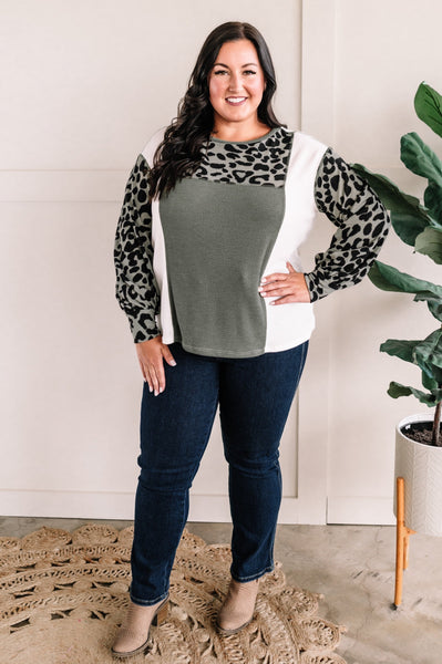 Copy of Color Block Long Sleeve Top In Sage & Leopard