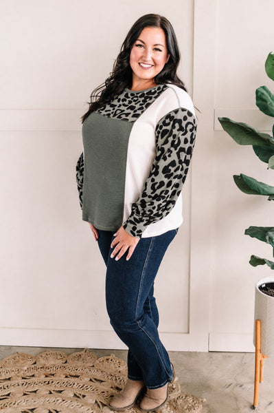Copy of Color Block Long Sleeve Top In Sage & Leopard