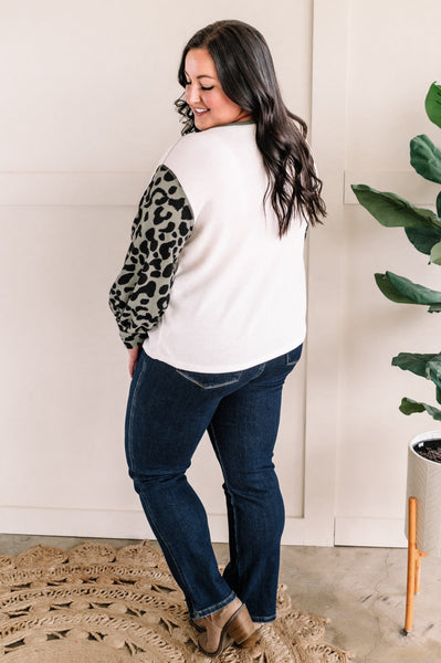 Copy of Color Block Long Sleeve Top In Sage & Leopard