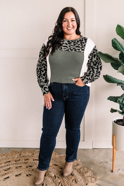 Copy of Color Block Long Sleeve Top In Sage & Leopard