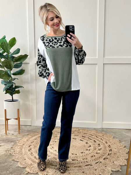 Copy of Color Block Long Sleeve Top In Sage & Leopard