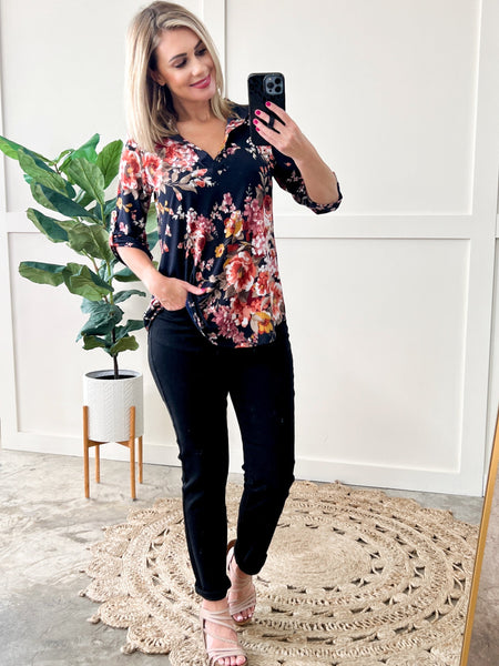 Floral Gabby Blouse With Button Sleeve Detail In Navy