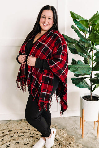 Red/Black Plaid Kimono With Fringe Detail