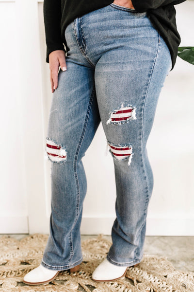 Mid Rise Bootcut Judy Blue Jeans With Plaid Patch Detail IN STORE