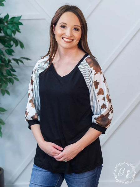 OPEN FIELDS COWPRINT STRIPED BLACK V-NECK RAGLAN