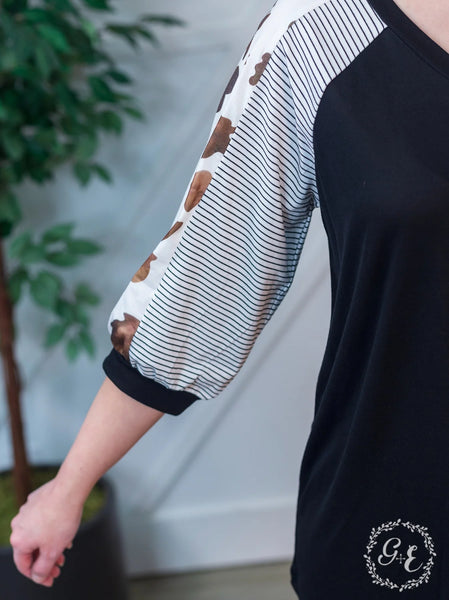 OPEN FIELDS COWPRINT STRIPED BLACK V-NECK RAGLAN