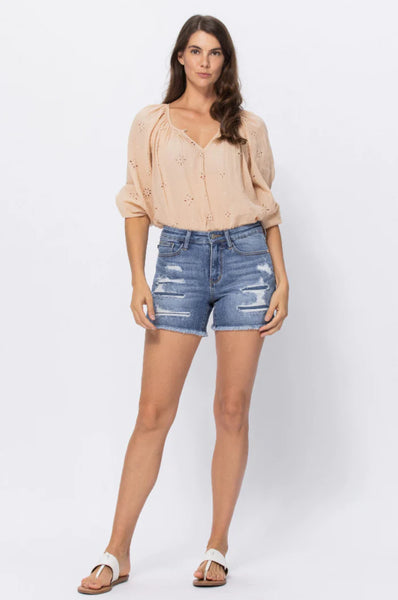 Truth or Tear Judy Blue Distressed Patch Shorts