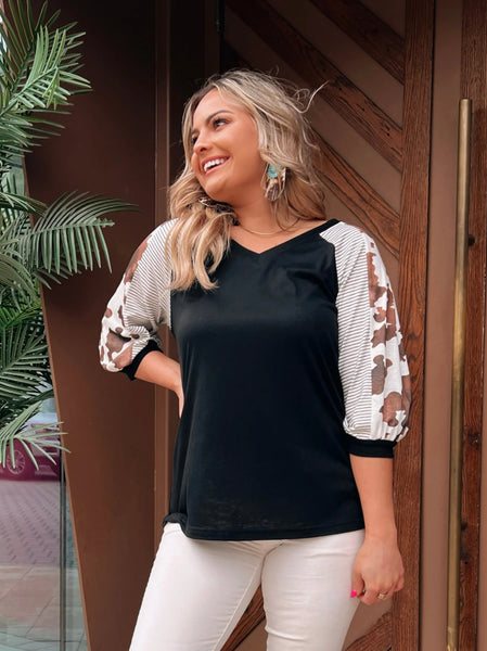 OPEN FIELDS COWPRINT STRIPED BLACK V-NECK RAGLAN