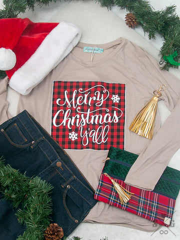 Merry Christmas Y'all Plaid Patch Longsleeve tee