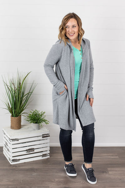 Claire Hooded Waffle Cardigan - Charcoal IN STORE
