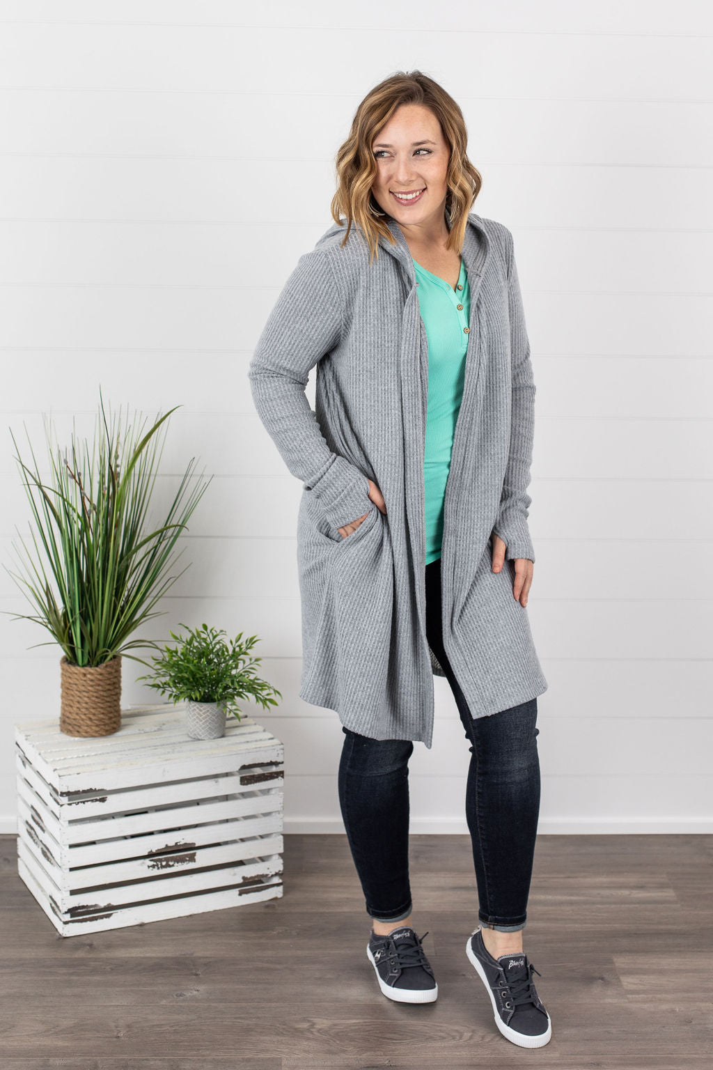IN STOCK Claire Hooded Waffle Cardigan - Light Grey FINAL SALE