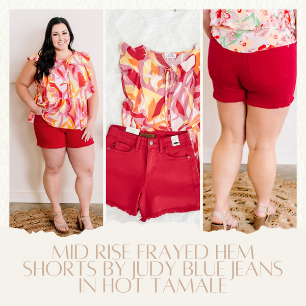 1.29 Mid Rise Frayed Hem Shorts By Judy Blue Jeans In Hot Tamale