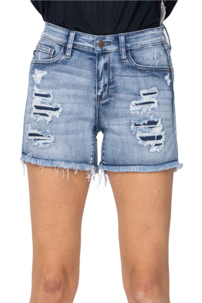 Mid Rise washed out Patched Cut Off Shorts