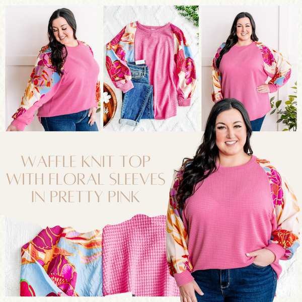 Waffle Knit Top With Floral Sleeves In Pretty Pink