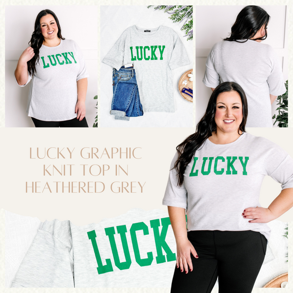 Lucky Graphic Knit Top In Heathered Grey