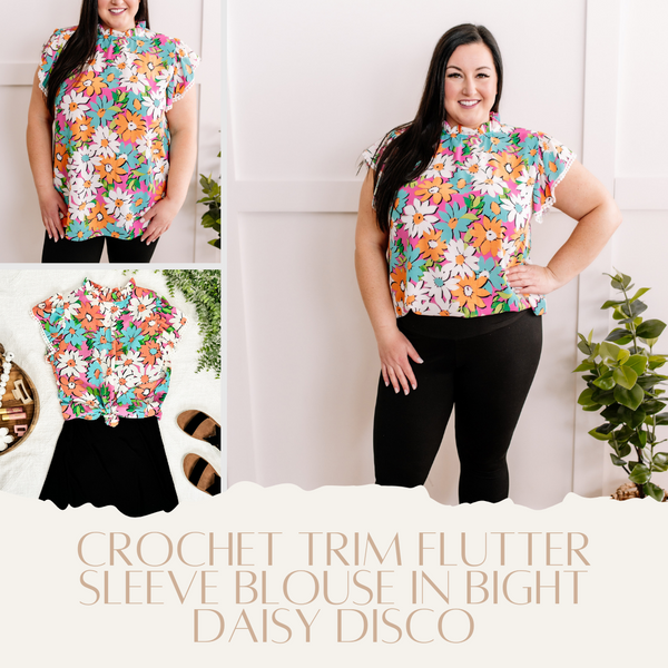 Crochet Trim Flutter Sleeve Blouse In Bight Daisy Disco