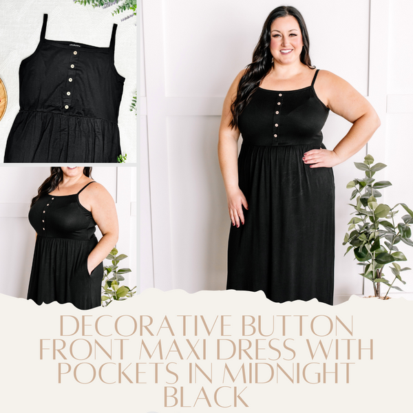 Decorative Button Front Maxi Dress With Pockets In Midnight Black