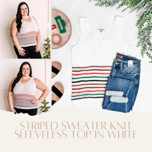 Striped Sweater Knit Sleeveless Top In White