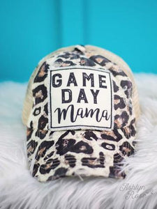 Game Day Mama Patch on Leopard Hat with Beige Mesh and Criss-Cross Back
