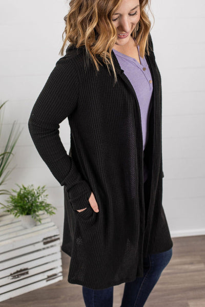 Claire Hooded Waffle Cardigan - Black