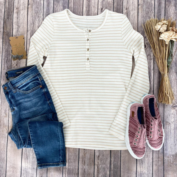 IN STOCK Harper Long Sleeve Henley - Cream with Tan Stripes FINAL SALE