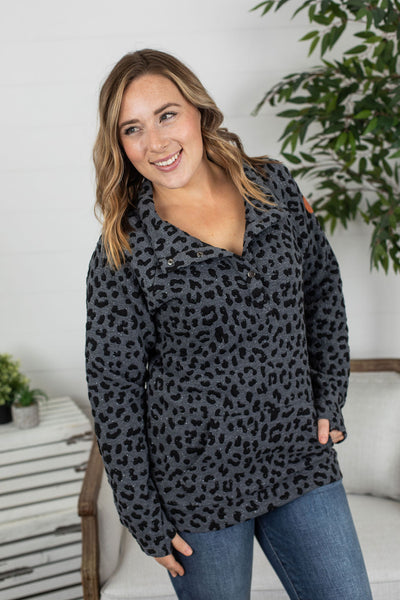 IN STOCK Button Snap Pullover - Charcoal Sparkle Leopard FINAL SALE