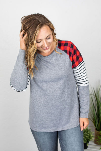 IN STOCK Accent Sleeve Long Sleeve - Grey and Buffalo Plaid
