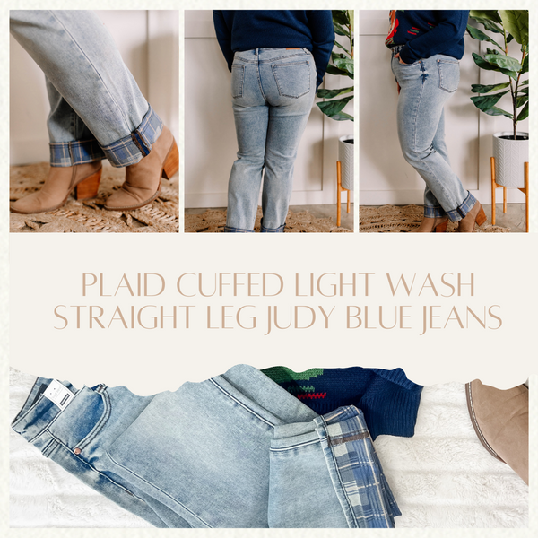 Plaid Cuffed Light Wash Straight Leg Judy Blue Jeans