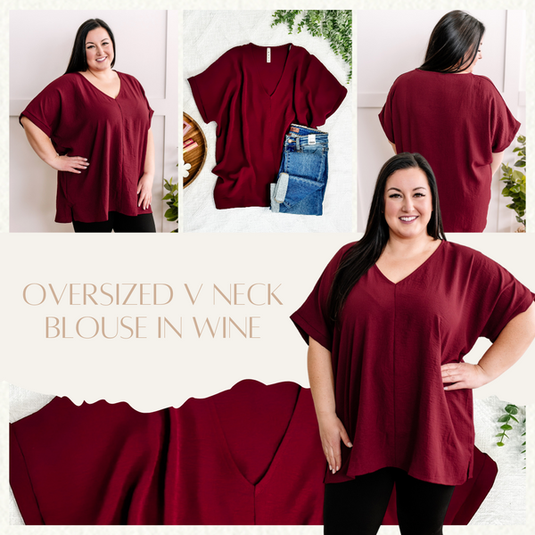 Oversized V Neck Blouse In Wine