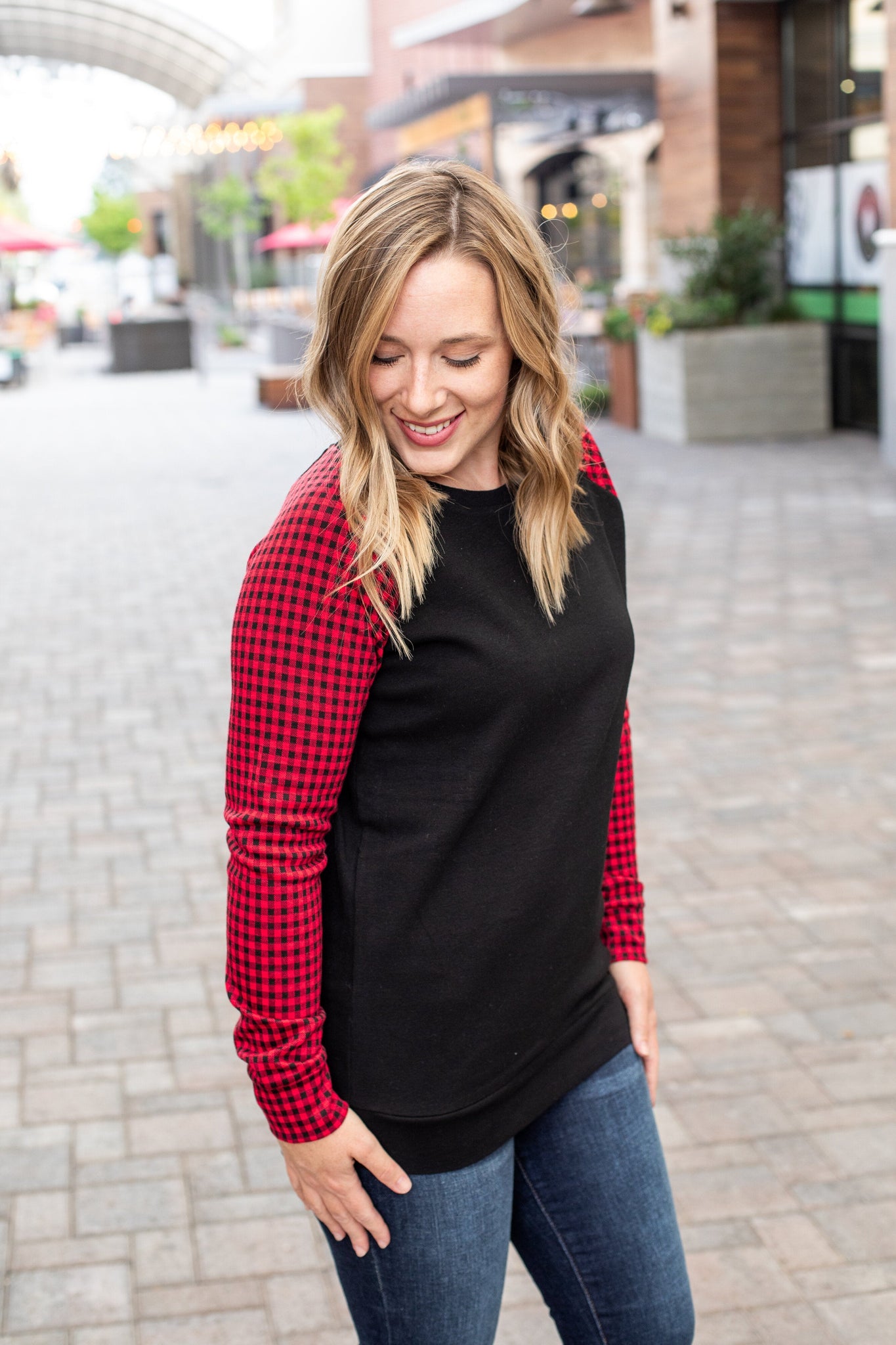 Red and Black Plaid Sleeve Pullover IN STORE