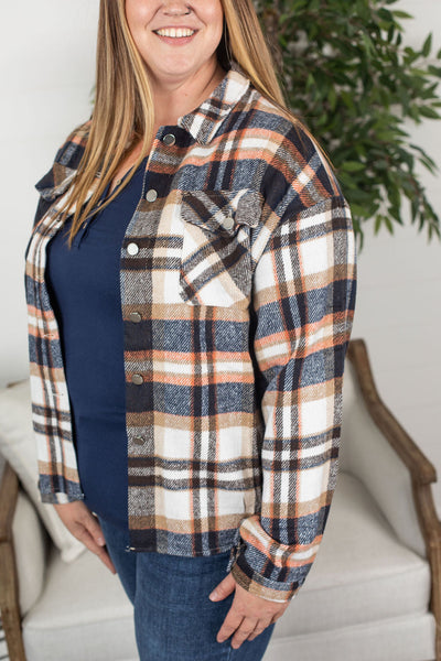 IN STOCK Molly Plaid Shacket - Navy, Brown, and Orange FINAL SALE