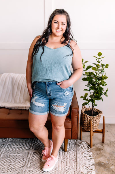 Distressed Thigh Length Shorts by Judy Blue