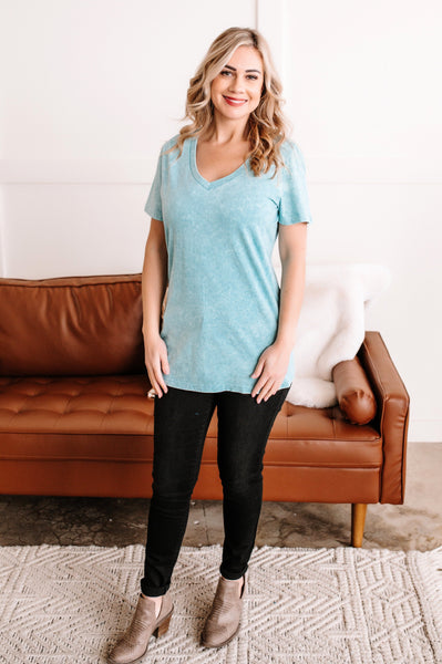 Let's Take A Trip Acid Wash Tee In Turquoise*