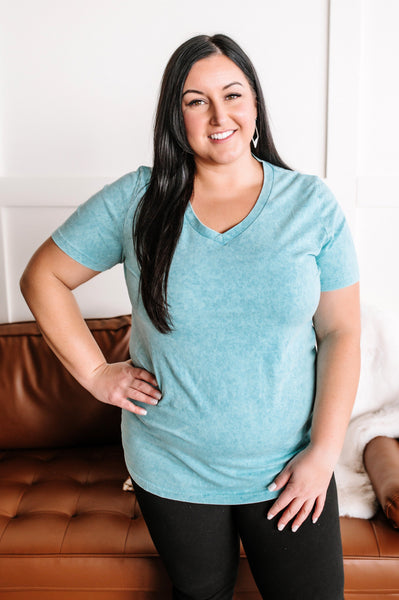 Let's Take A Trip Acid Wash Tee In Turquoise*