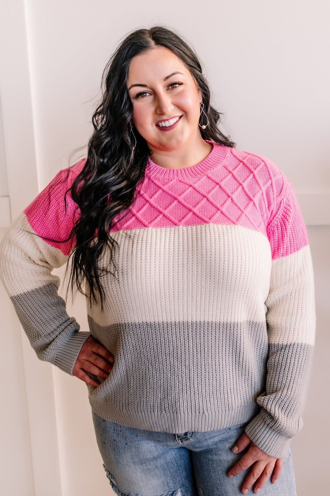 Colorblocked Woven Sweater in Pink, Gray & Ivory