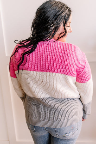 Colorblocked Woven Sweater in Pink, Gray & Ivory