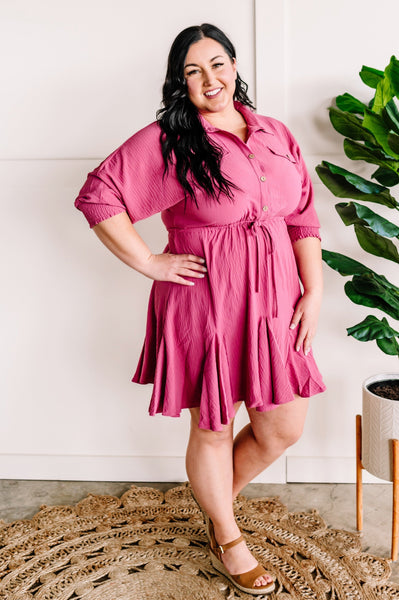 Button Front Flare Dress In Rose Delight