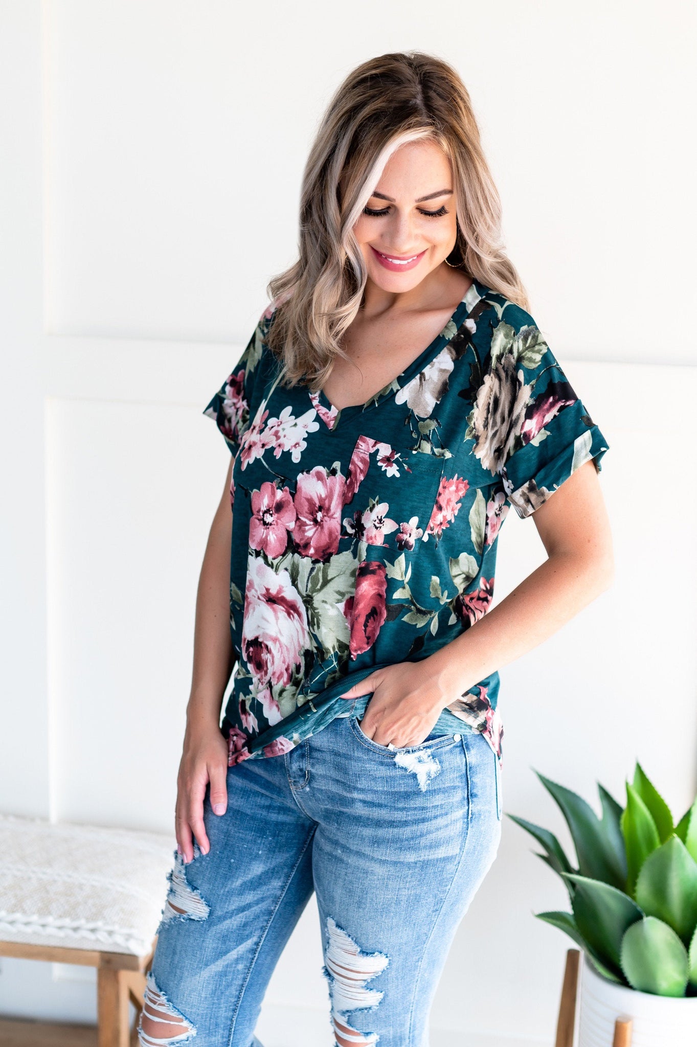 OUTLET - Beg, Borrow, And Teal Floral V Neck Top - Medium