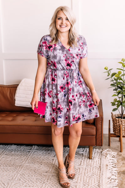 OUTLET  Time to Bloom Dress In Magenta & Grey