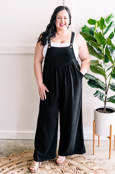 Shirring Detail Overalls In Black Carbon