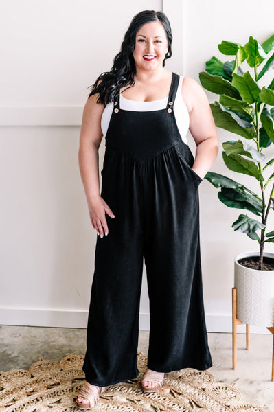 Shirring Detail Overalls In Black Carbon