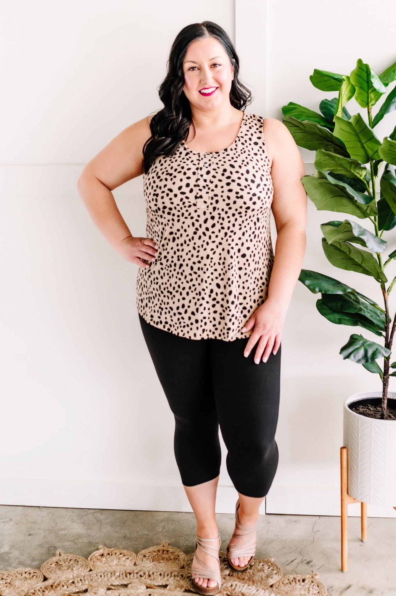 Decorative Button Front Sleeveless Top In Soft Leopard