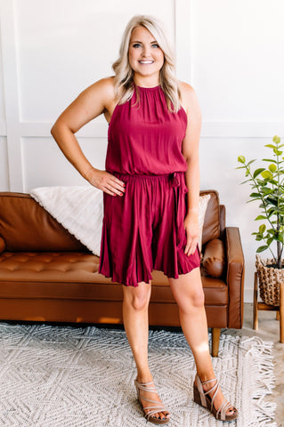 OUTLET The Short Of It Pleated Romper In Wine